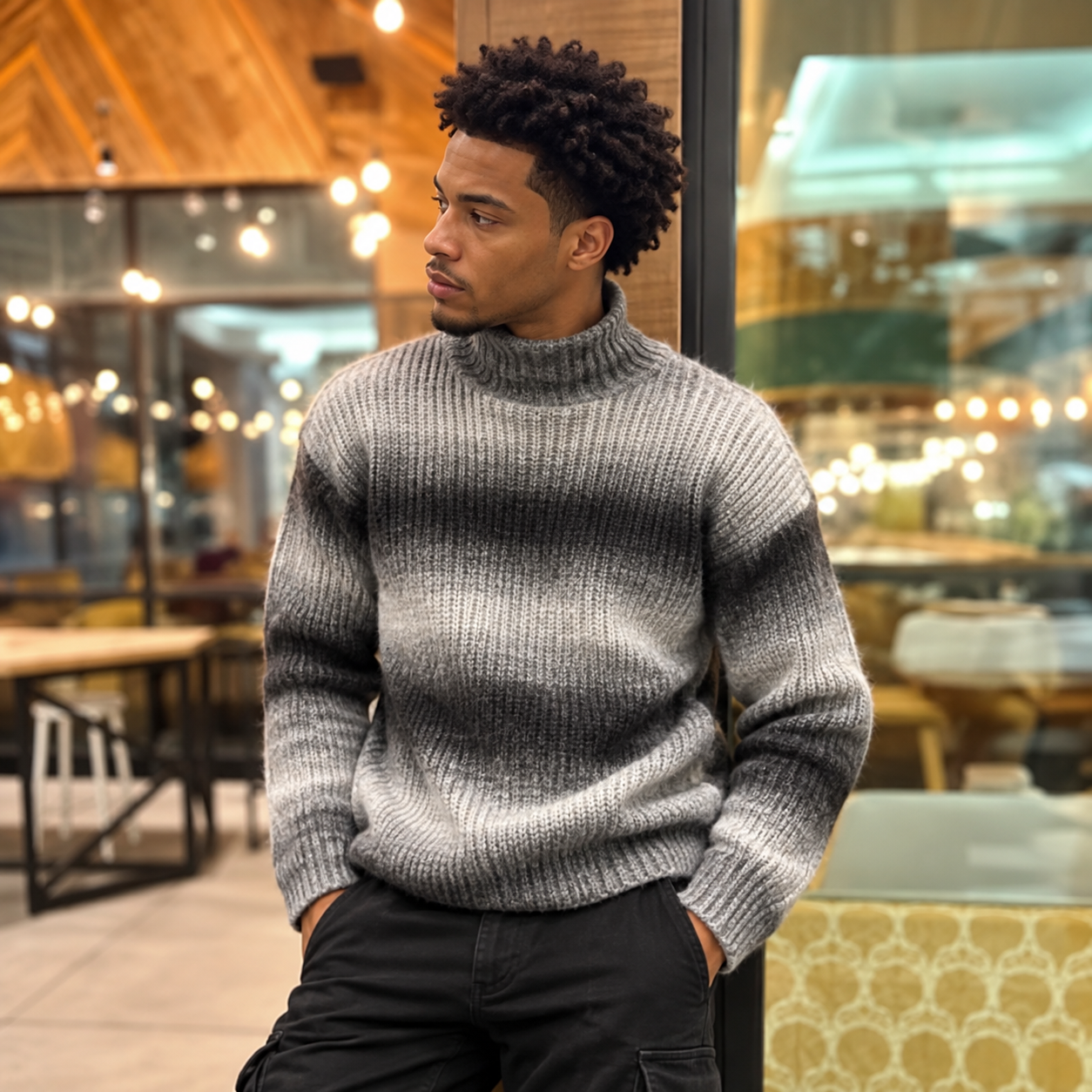 Man in a gray knit sweater outside a city cafe