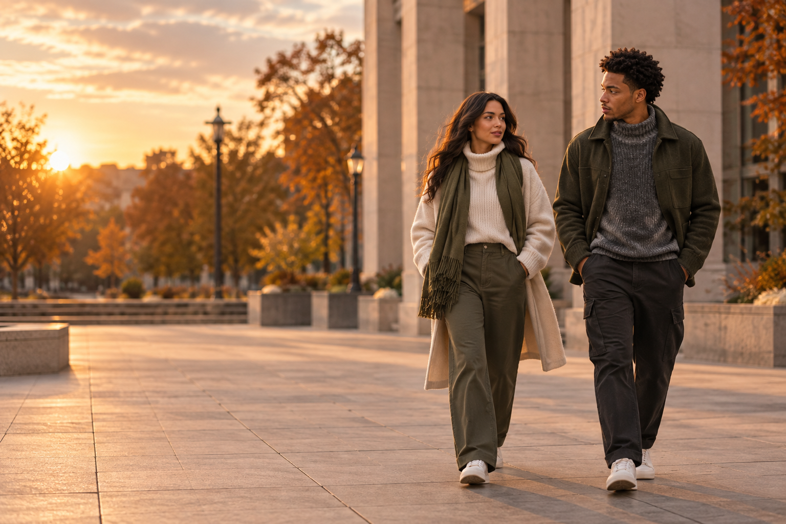 Man and woman in modern clothes walking through a city plaza
