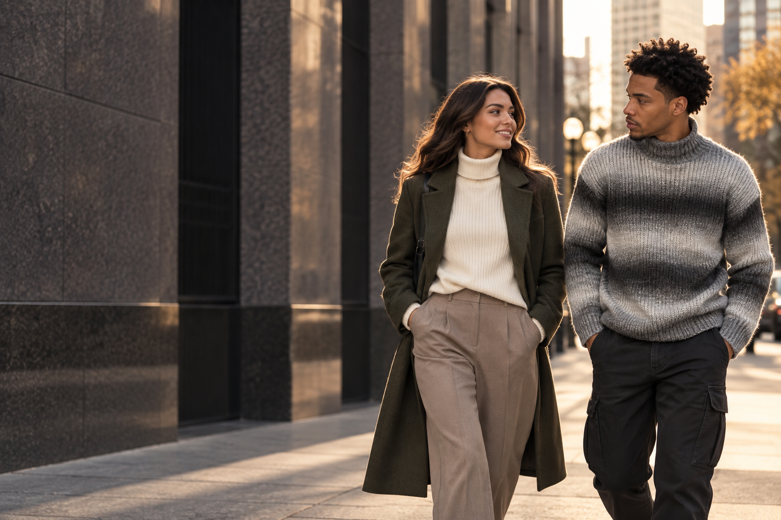 Man and woman wearing contemporary casual clothing on a city street