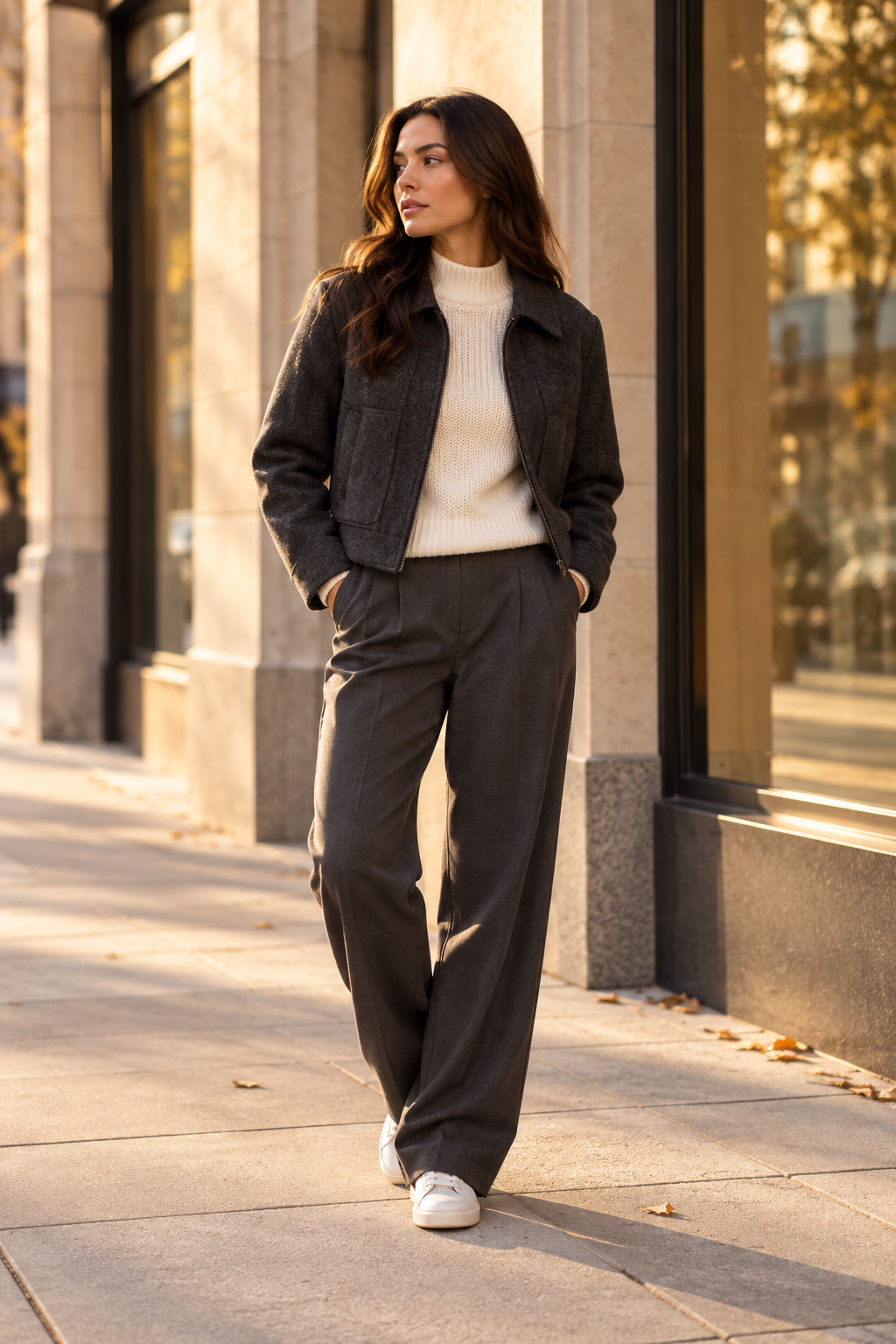 Woman in charcoal jacket and cream sweater near a storefront