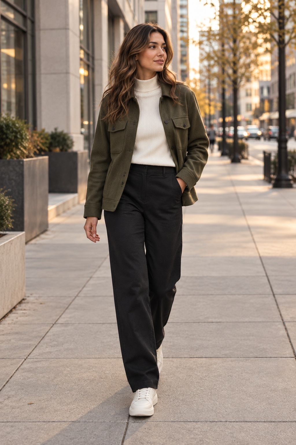 Woman in olive jacket walking along a city sidewalk