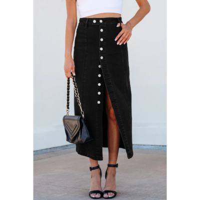 Lorna -Black Button Fly Denim Midi Skirt