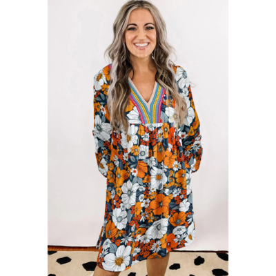 Brookelyn - Orange Floral Print Striped Lace V Neck Long Sleeve Mini Dress