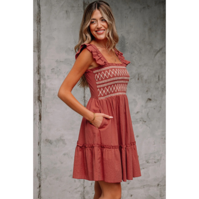 Alternative view of JudyAnn - Red Sandalwood Geometric Stitch Shirred Bodice Ruffled Trim Sleeveless Mini Dress