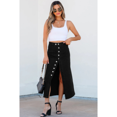 Alternative view of Lorna -Black Button Fly Denim Midi Skirt