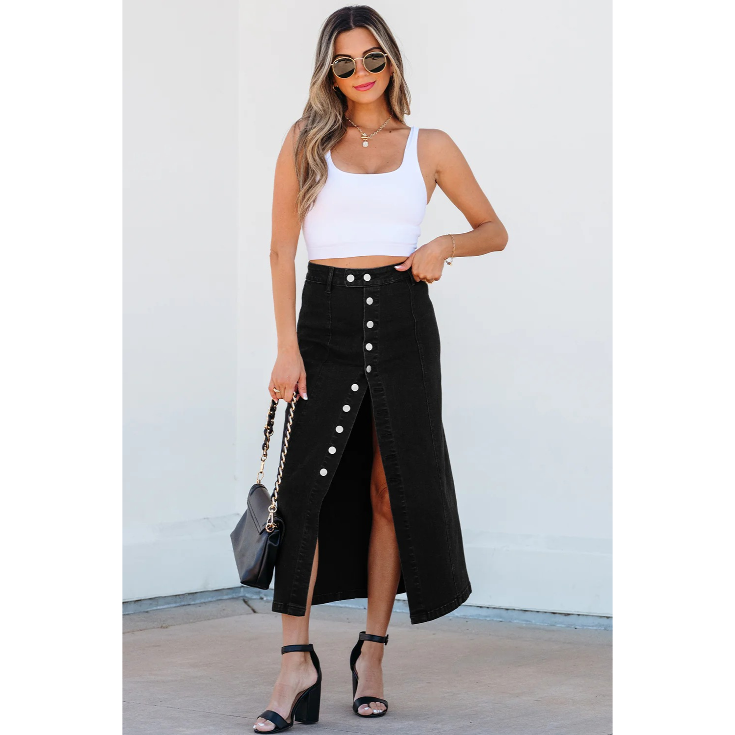 Lorna -Black Button Fly Denim Midi Skirt - Image 2