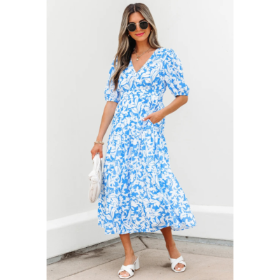 Alternative view of Stacey-Sky Blue Floral V Neck Puff Short Sleeve Flowy Long Dress