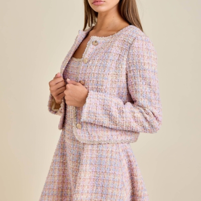 Sloane - Pastel Sequin Braid Detailed Round Neck Tweed Jacket & Mini Dress Set - Image 6