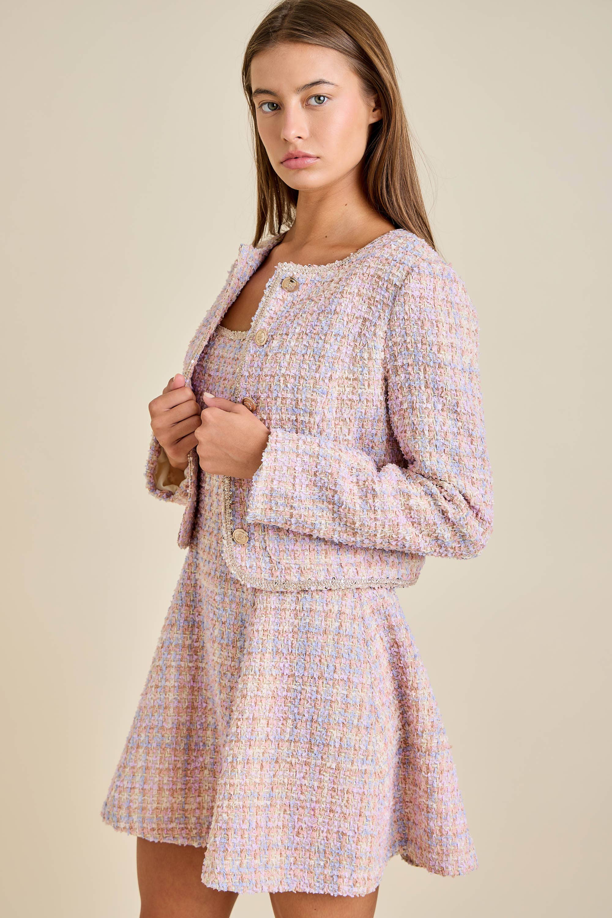 Sloane - Pastel Sequin Braid Detailed Round Neck Tweed Jacket & Mini Dress Set - Image 6