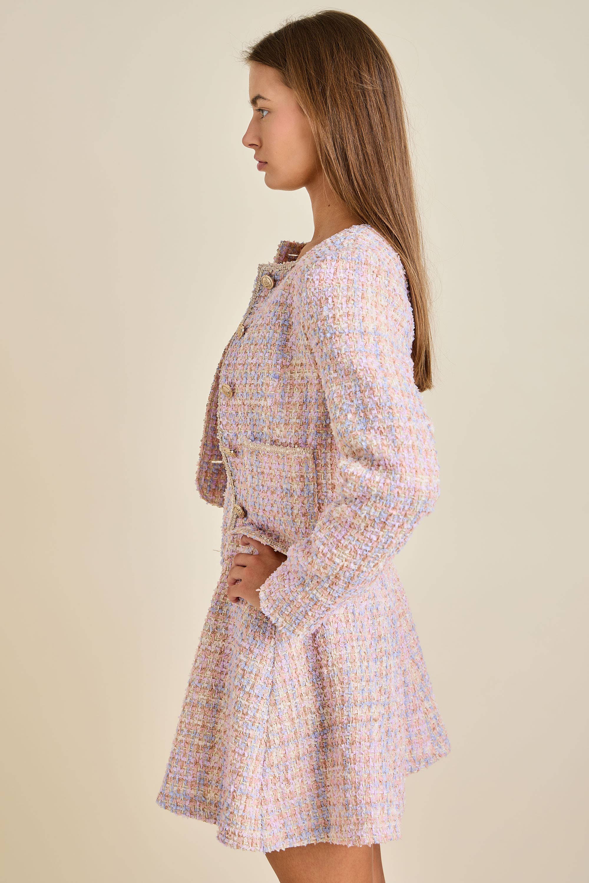 Sloane - Pastel Sequin Braid Detailed Round Neck Tweed Jacket & Mini Dress Set - Image 7