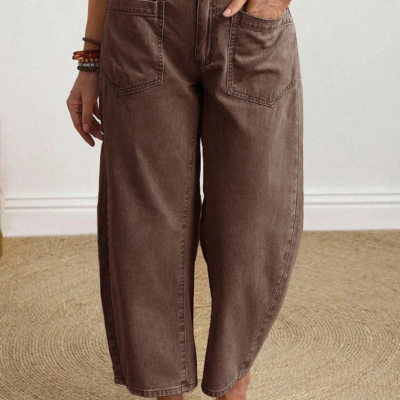 Miranda - Coffee Solid Color Square Patch Pocket Ankle-length Barrel Jeans - Image 6
