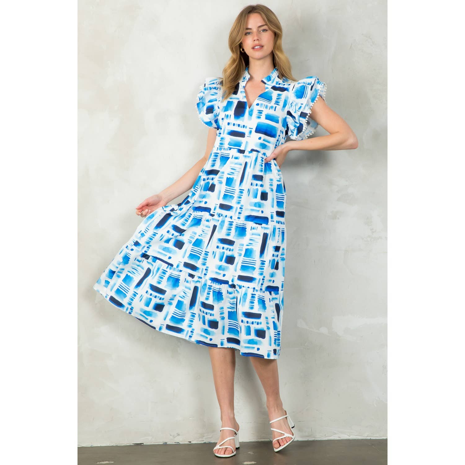 GRACELLE- Flutter Sleeve Print Tiered Midi Dress - Image 2