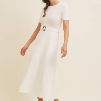 Delaney Sweater Midi Dress - White Mixed Media Dress with Belt - Image 6