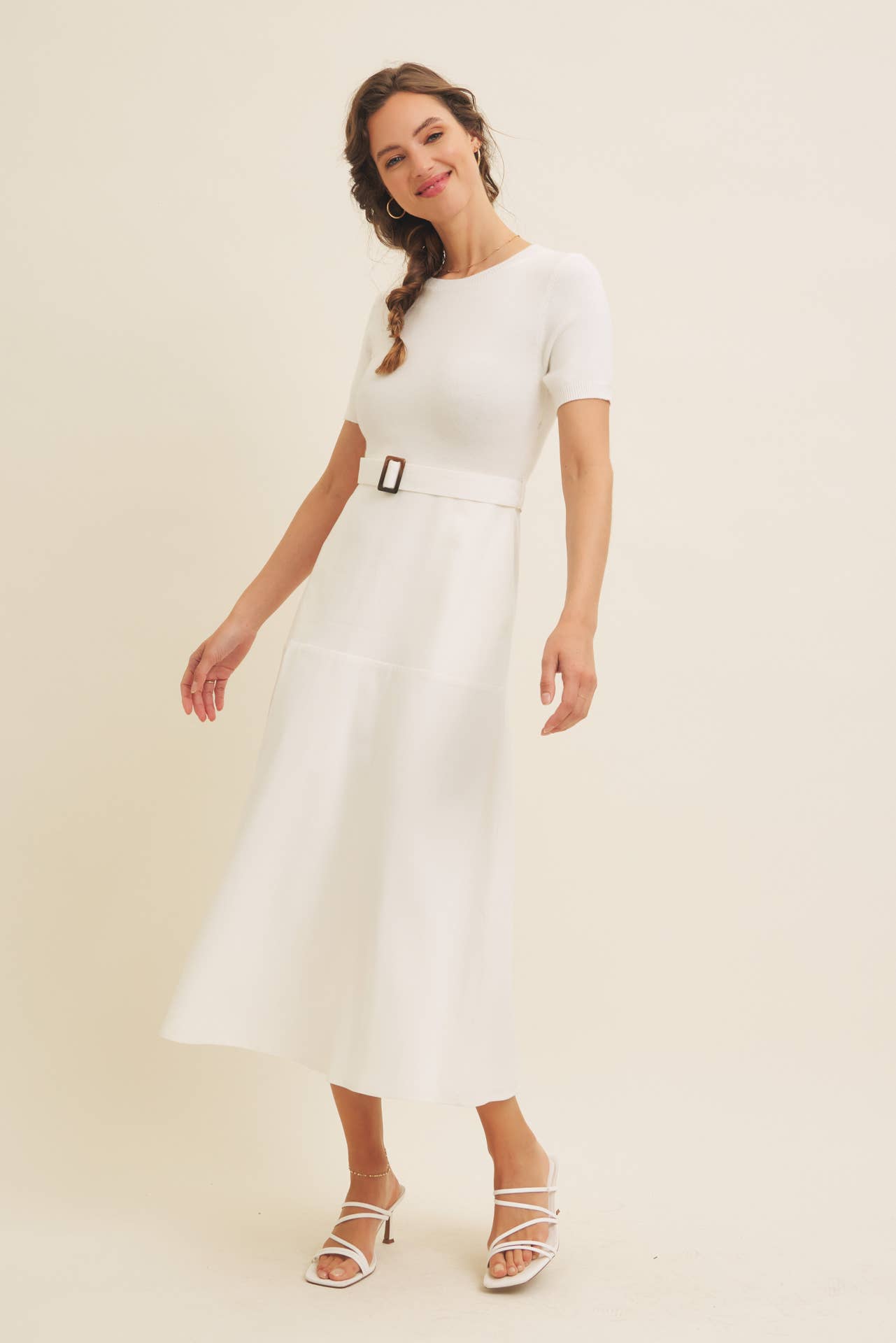 Delaney Sweater Midi Dress - White Mixed Media Dress with Belt - Image 6