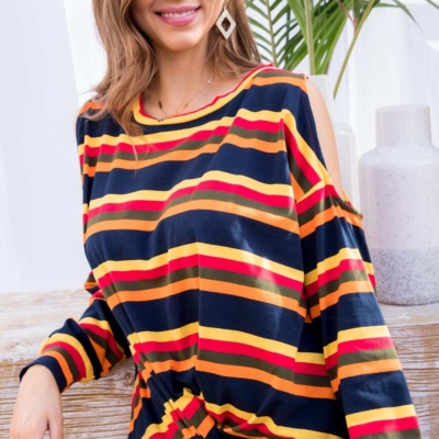 Sally - Multi Print Twist Front Cold Shoulder Knit Top - Image 13