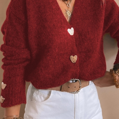 Margo Red Cardigan - Gold Heart Button V-Neck Knit