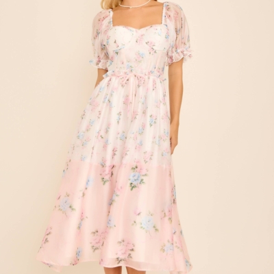 Cassy Floral print colorblock midi dress with puff short sleeves - Image 3