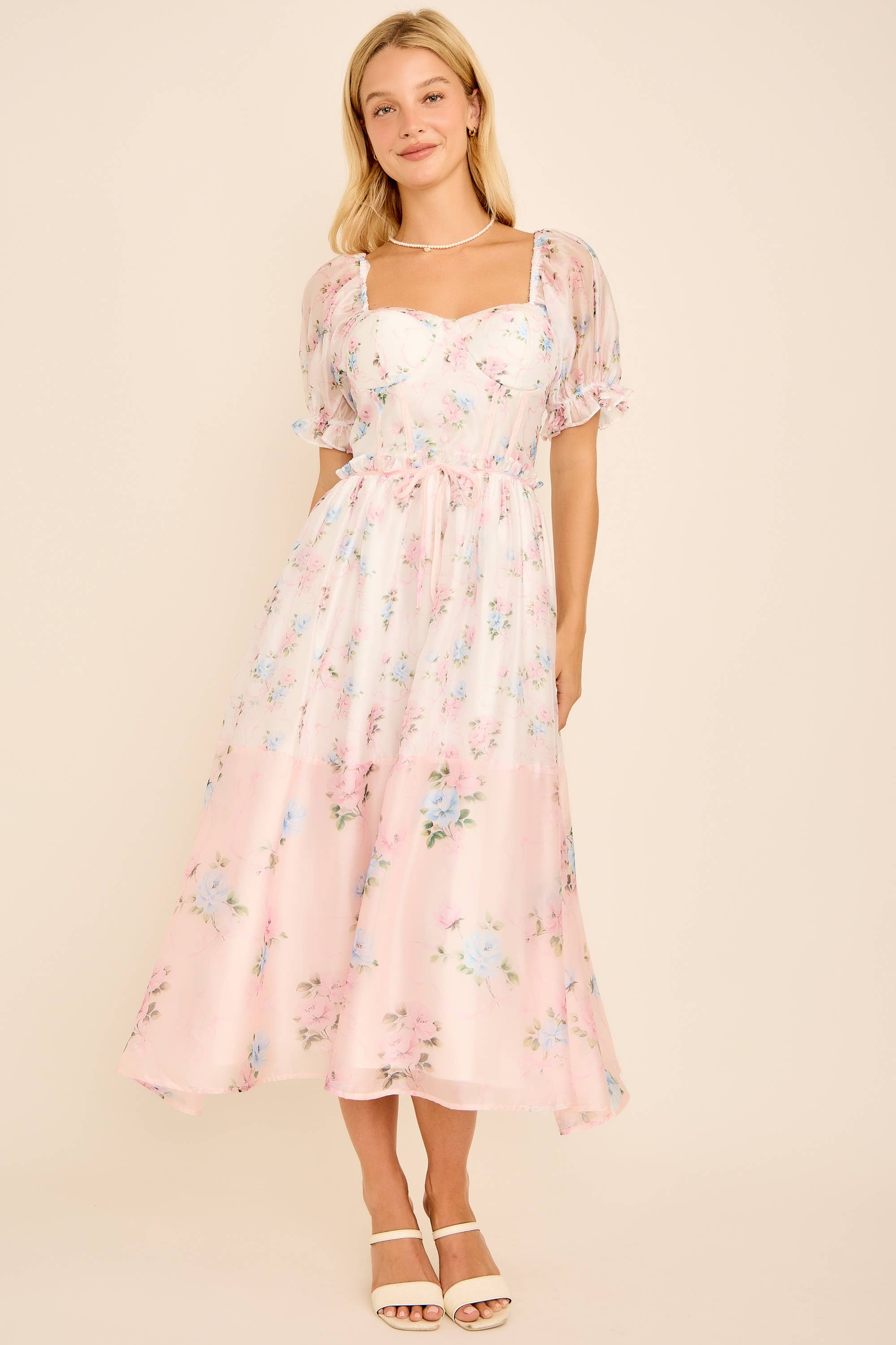 Cassy Floral print colorblock midi dress with puff short sleeves - Image 3