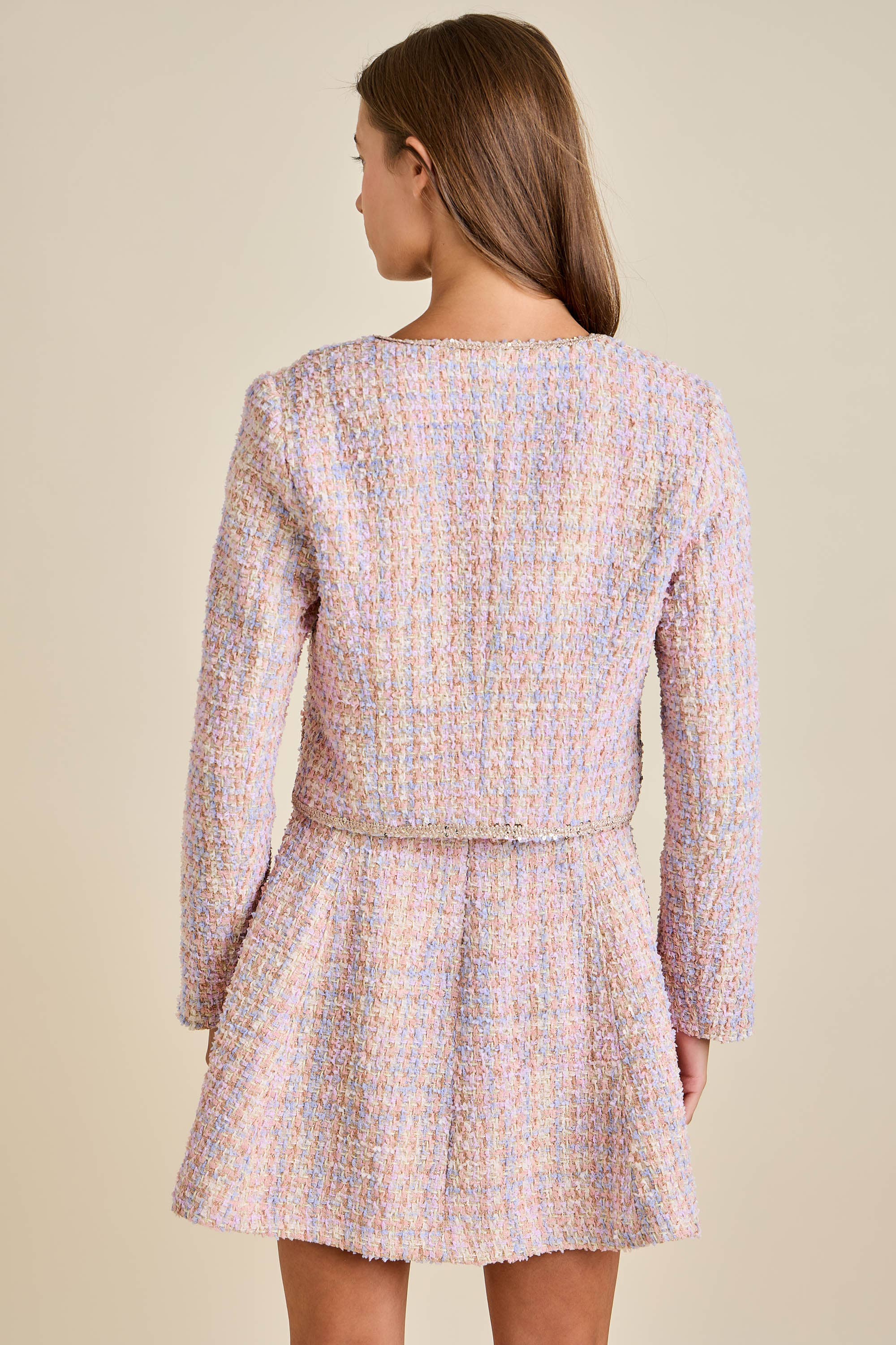 Sloane - Pastel Sequin Braid Detailed Round Neck Tweed Jacket & Mini Dress Set - Image 2