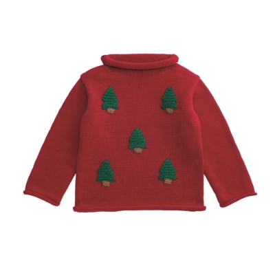 Christmas Tree Rollneck Sweater – Cotton Yarn Knit with Crochet Trees