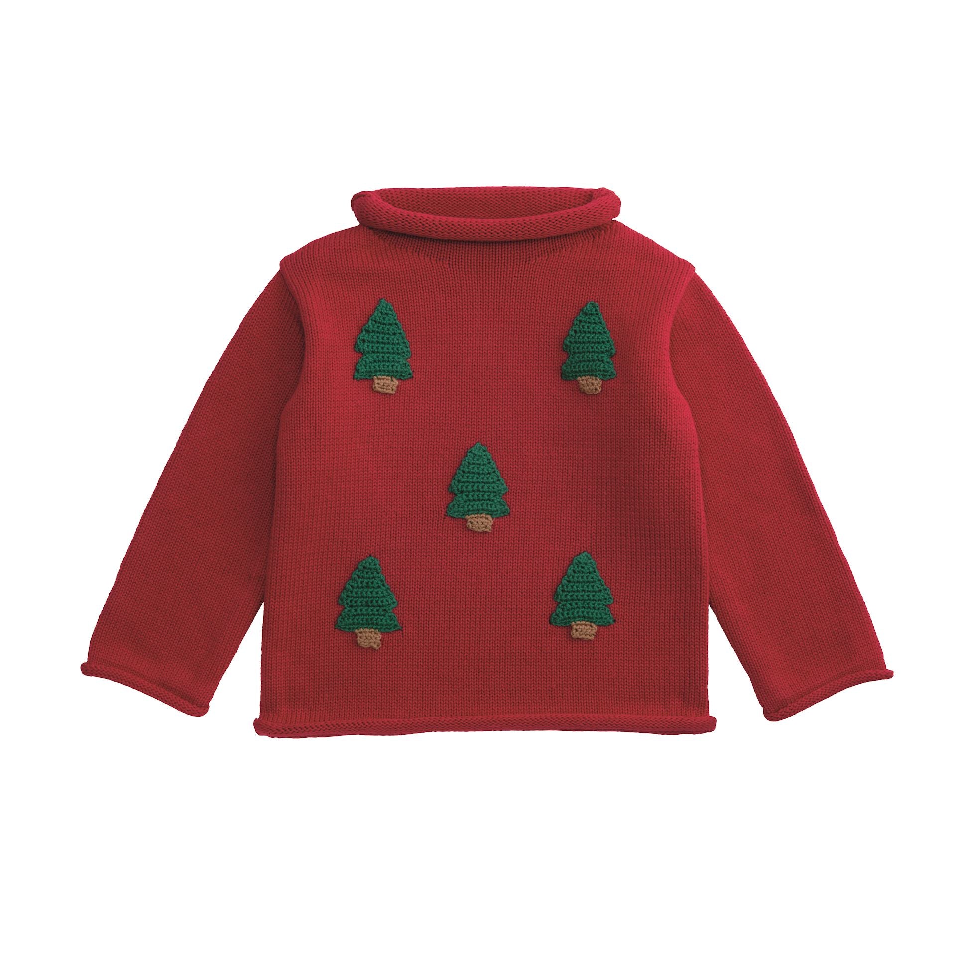 Christmas Tree Rollneck Sweater – Cotton Yarn Knit with Crochet Trees