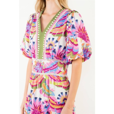 Meg - Puff Sleeve Pattern Tiered Dress - Image 4