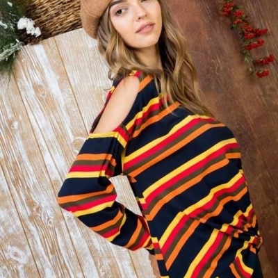 Sally - Multi Print Twist Front Cold Shoulder Knit Top - Image 9