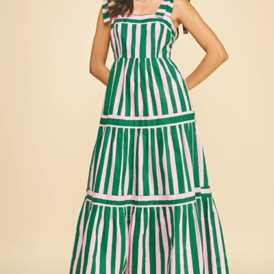 Alternative view of Sammie - Green and Pink Striped Tiered Maxi Dress