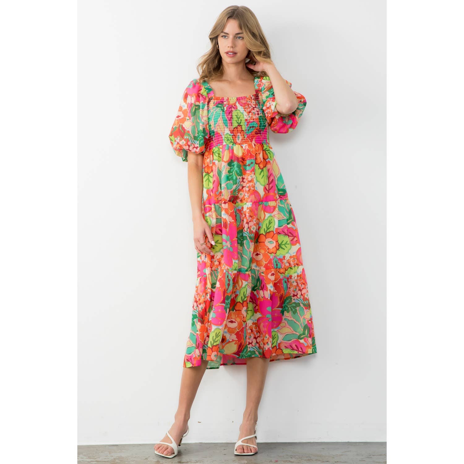 Massey - Puff Sleeve Floral Print Midi Dress - Image 9