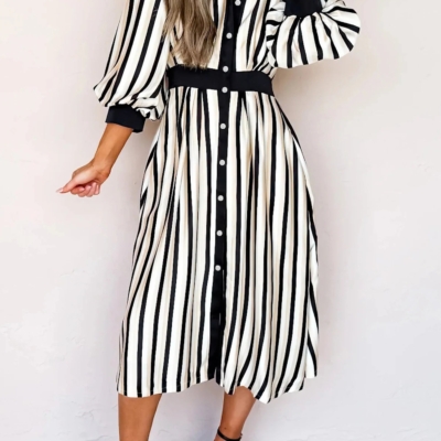 Virginia- Black Stripe 3/4 Puff Sleeve Shirt Style Button Down Midi Dress