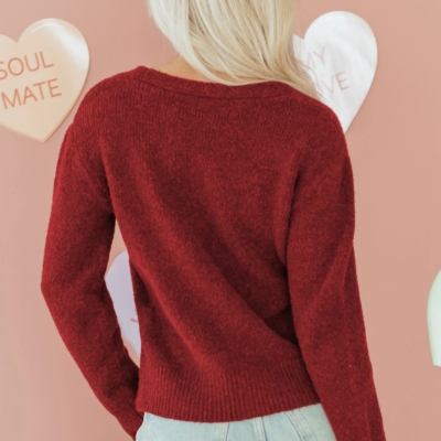 Margo Red Cardigan - Gold Heart Button V-Neck Knit - Image 6