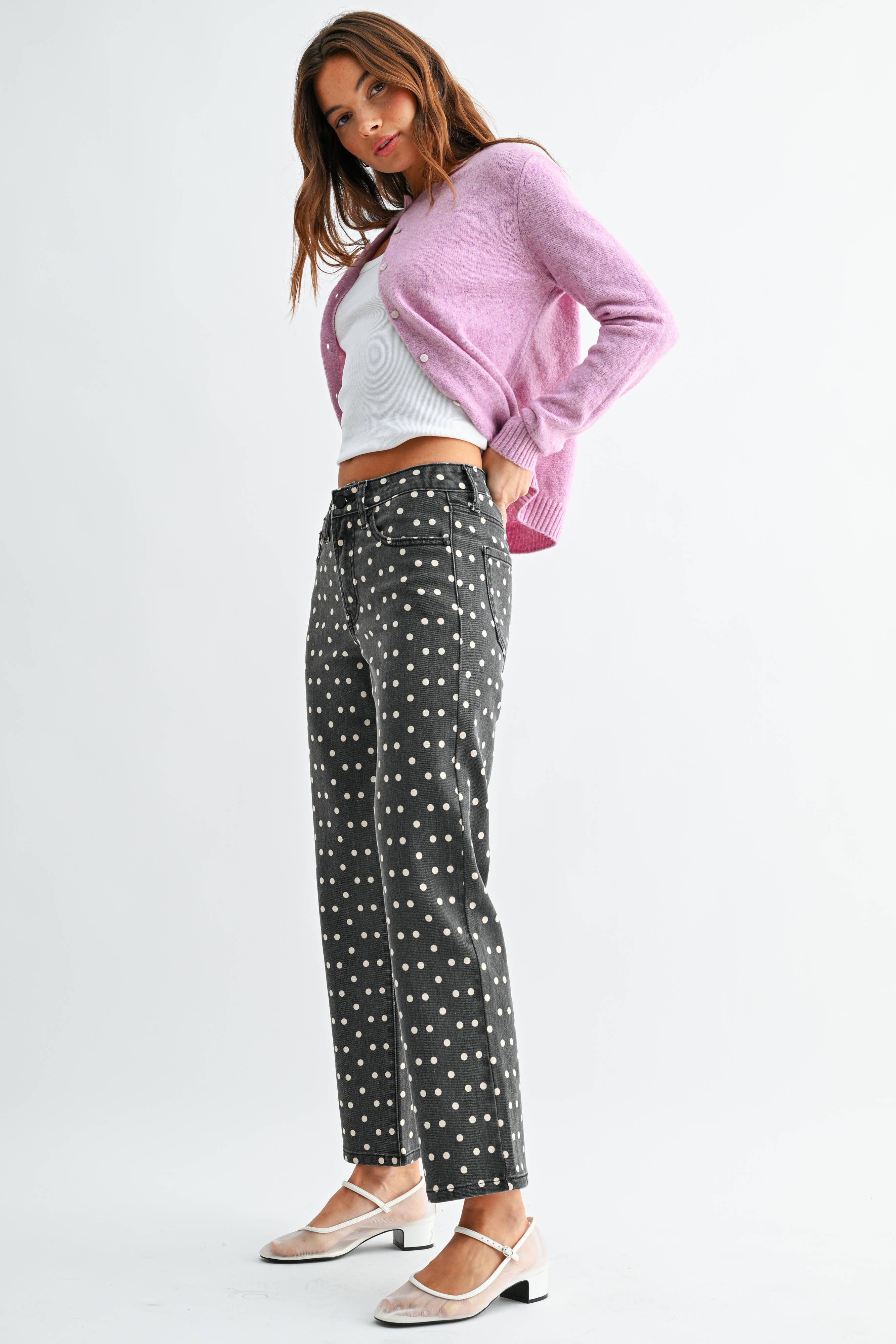 Bonnie - Black Polka Dot Vintage High Rise Straight Jeans - Image 3