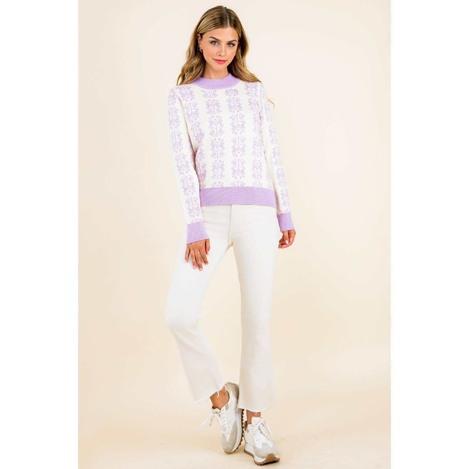 Leyla - Long Sleeve Floral Pattern Knit Pullover Sweater - Image 8