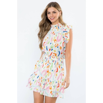SAVANNAH- White Abstract Print Smocked Ruffle Skirt - Image 4