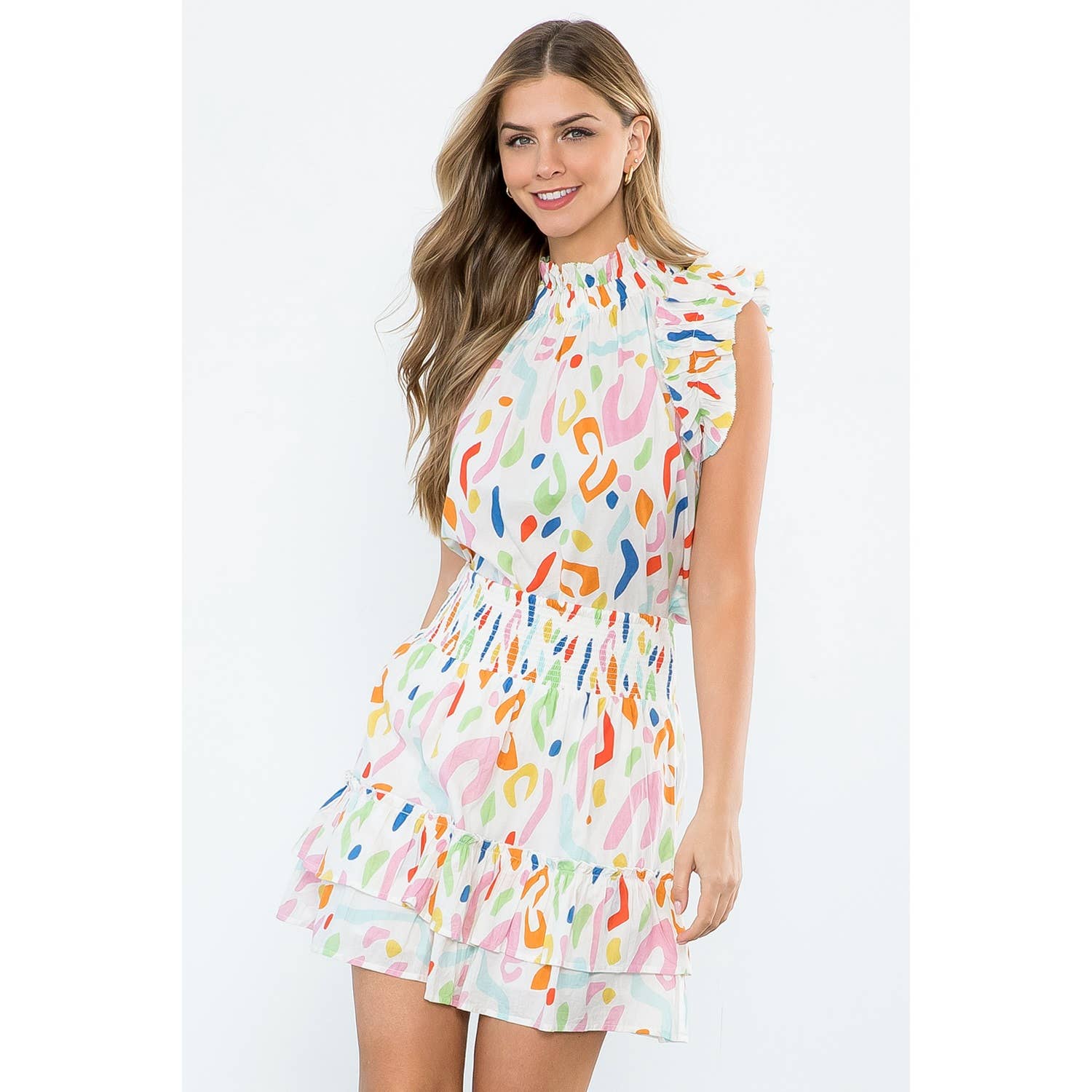 SAVANNAH- White Abstract Print Smocked Ruffle Skirt - Image 4