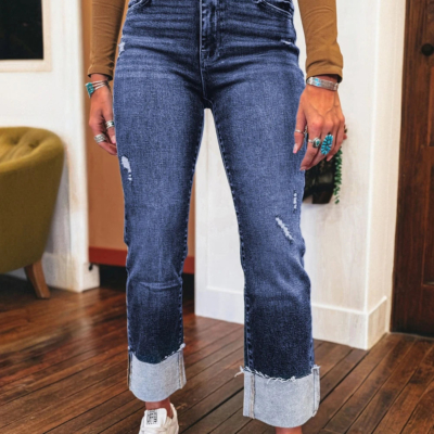 Sabrina - Folded Cuffs Distressed Straight High Waist Jeans