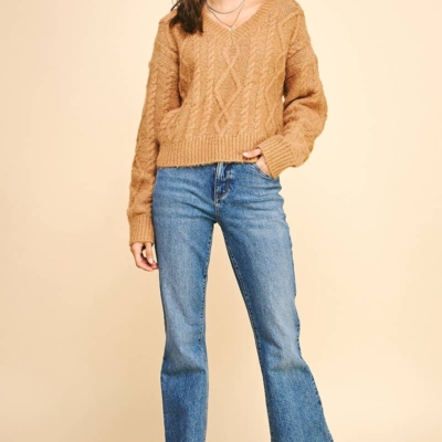 Elizabeth Cable Knit Sweater - Cropped V-Neck, Navy or Camel - Image 7