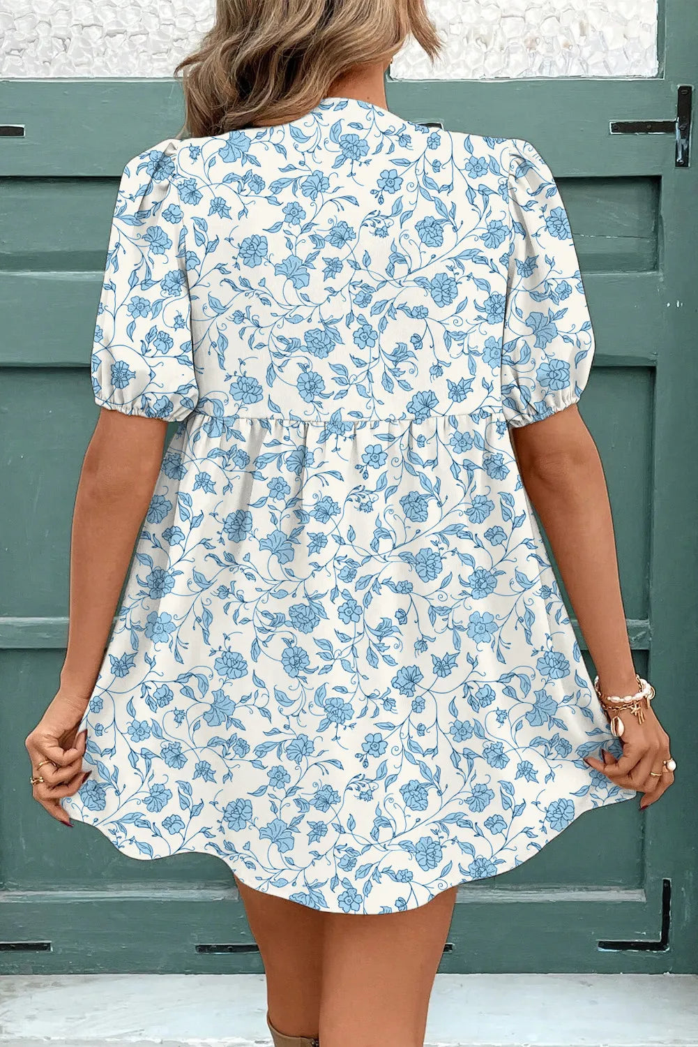 Joanna - Floral Contrast Bow Puff Sleeve Mini Dress - Image 2
