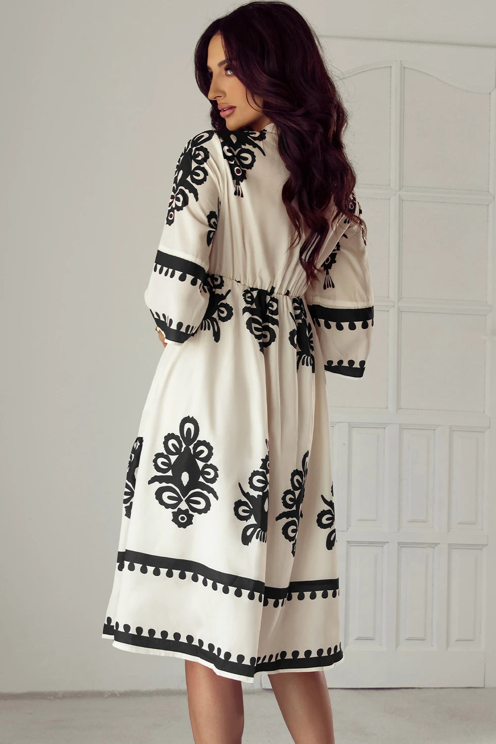 Annie - Beige Geometric Print 3/4 Sleeve Midi Dress - Image 2