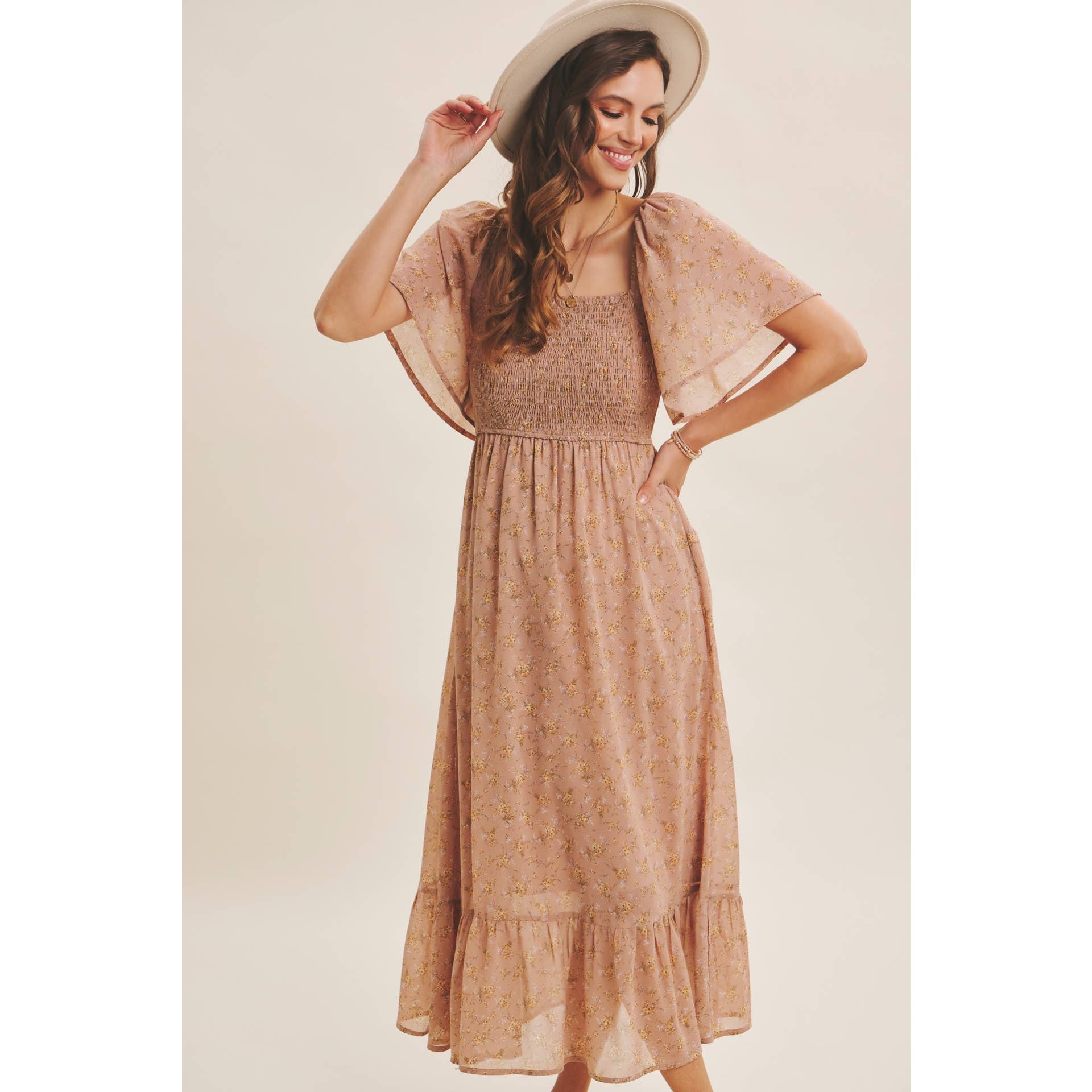 Ariana Square Neck Floral Chiffon Smocked Midi Dress - Image 12