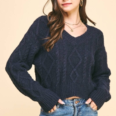 Alternative view of Elizabeth Cable Knit Sweater - Cropped V-Neck, Navy or Camel
