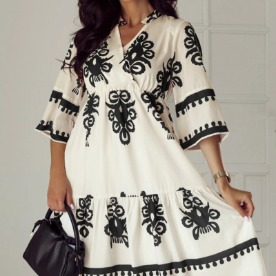 Annie - Beige Geometric Print 3/4 Sleeve Midi Dress - Image 3