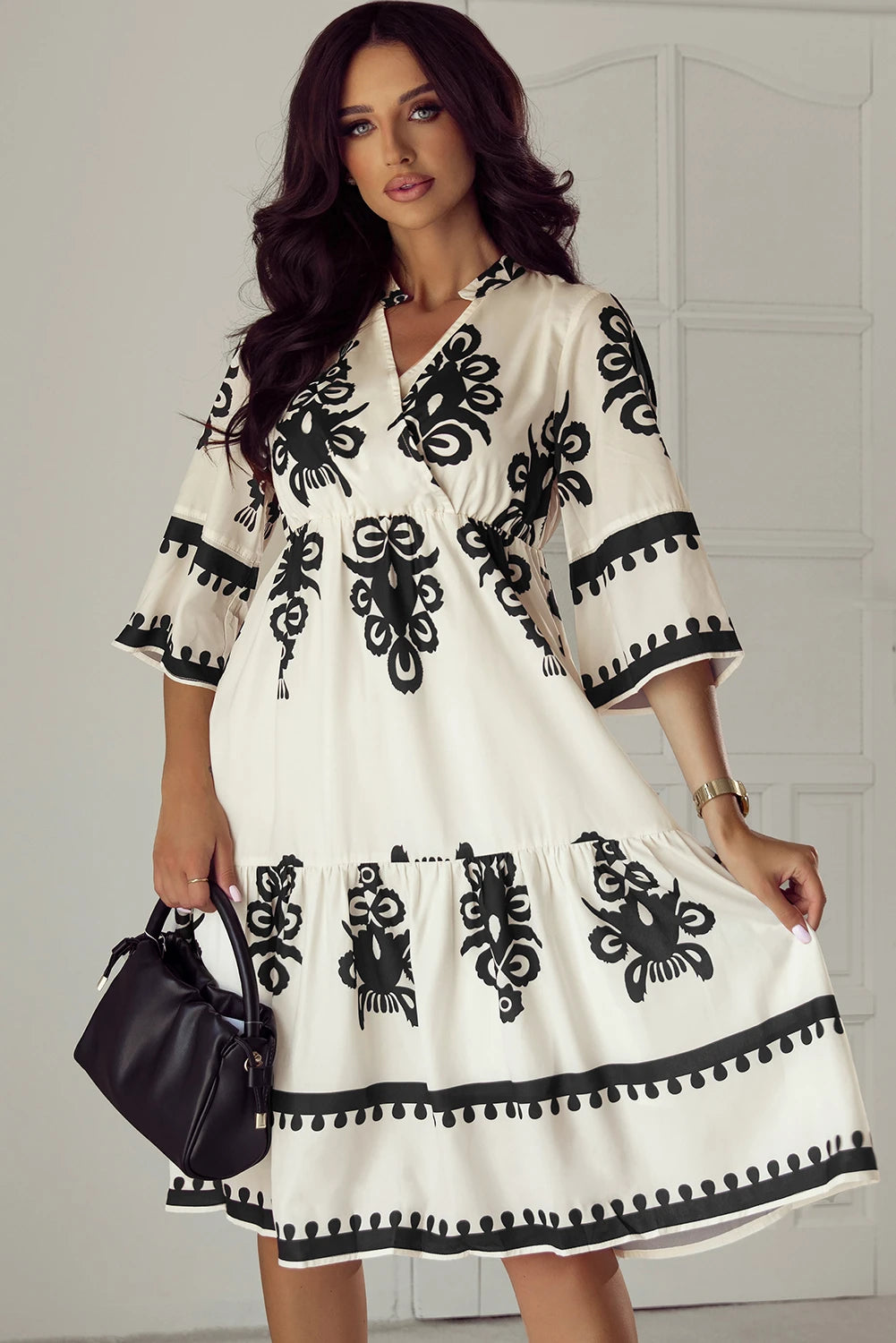 Annie - Beige Geometric Print 3/4 Sleeve Midi Dress - Image 3