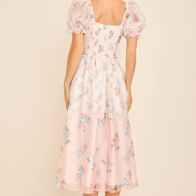 Cassy Floral print colorblock midi dress with puff short sleeves - Image 4