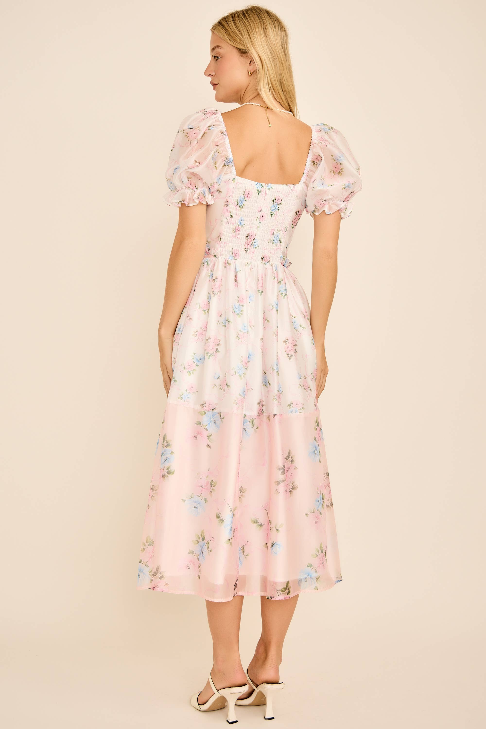 Cassy Floral print colorblock midi dress with puff short sleeves - Image 4