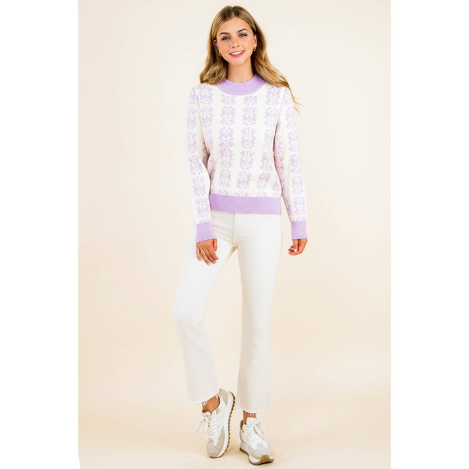 Leyla - Long Sleeve Floral Pattern Knit Pullover Sweater - Image 3