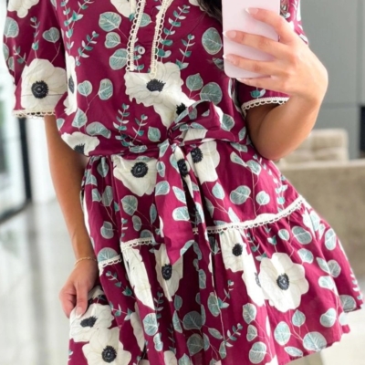 Ronan - Red Floral Print Trimmed Short Puff Sleeve Mini Dress with Tie