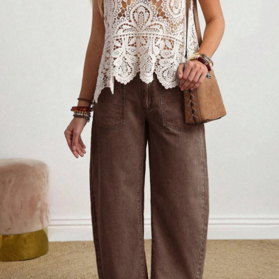 Miranda - Coffee Solid Color Square Patch Pocket Ankle-length Barrel Jeans - Image 3