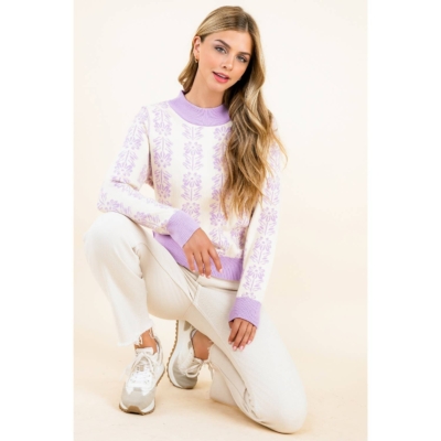 Leyla - Long Sleeve Floral Pattern Knit Pullover Sweater - Image 9