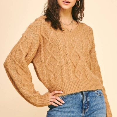 Elizabeth Cable Knit Sweater - Cropped V-Neck, Navy or Camel